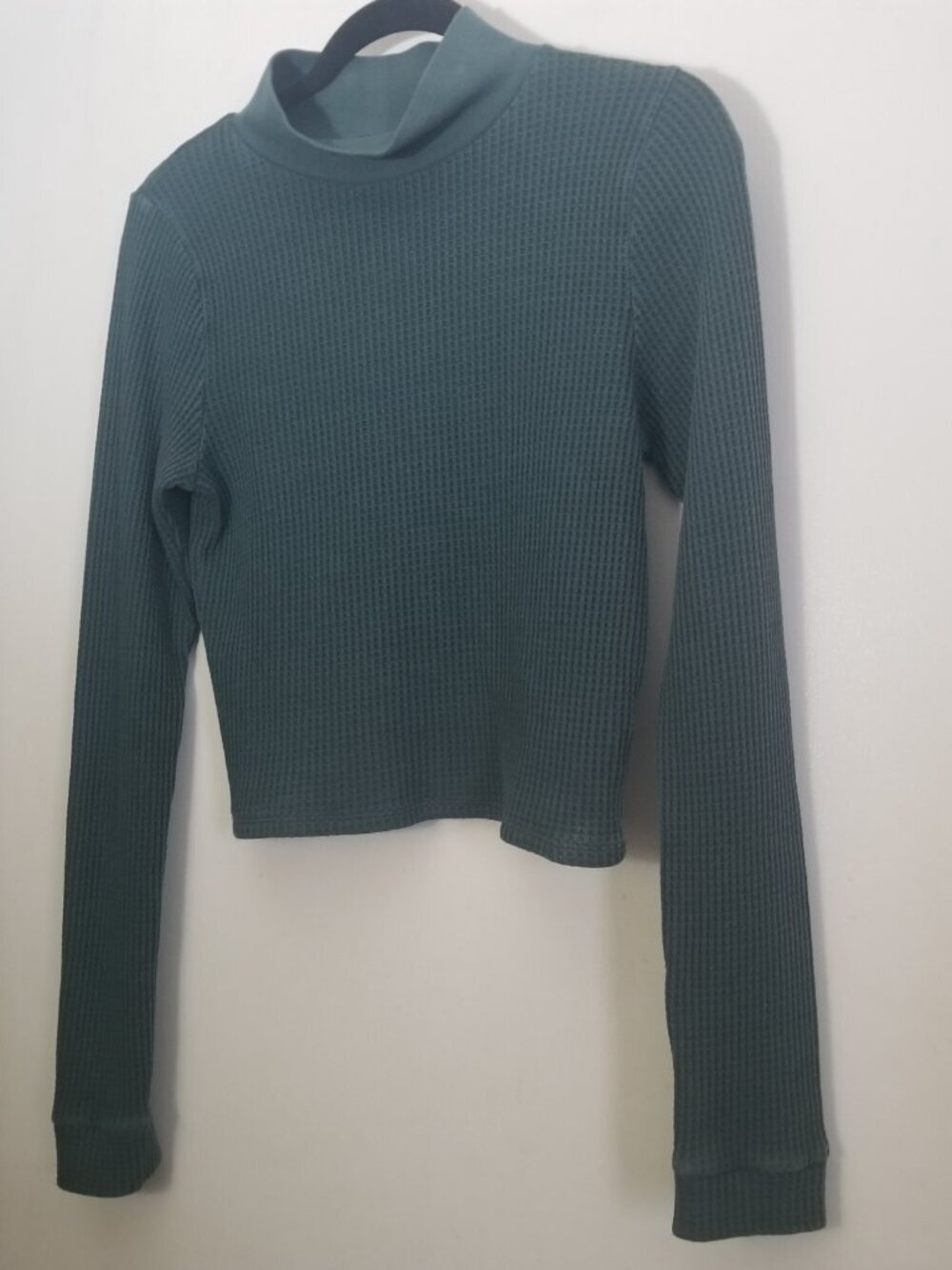 Aerie Forest Green Mock Neck Waffle Knit Cropped Women's Top Sz L - Picture 5 of 5